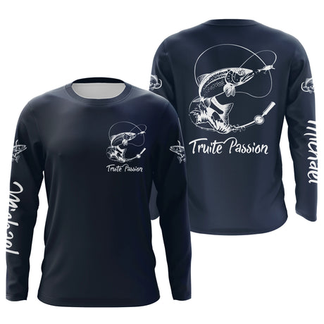 Personalisiertes T-Shirt zum Forellenangeln, ideales Fischergeschenk, Anti-UV-Kleidung Marineblau - CT21072220