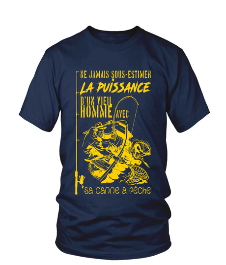 Canne À Pêche, Cadeau Vieil Pêcheur, Ne Jamais Sous-Estimer La Puissance d'Un Vieil Homme - VECHNP005 T-shirt Col Rond Marine